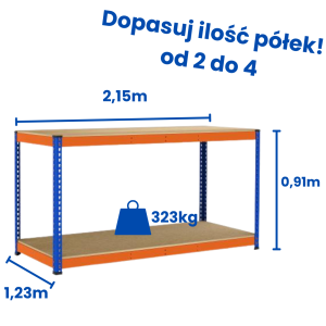 Riveto Workbench 0.91 (H) × 2.15 × 1.23 m, shelf load capacity 323 kg, chipboard shelves