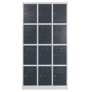 BHP locker cabinet J-90/12, 12-door, grey body / graphite front, W-90 cm D-50 cm H-180 cm, knock-down (flat-pack) version