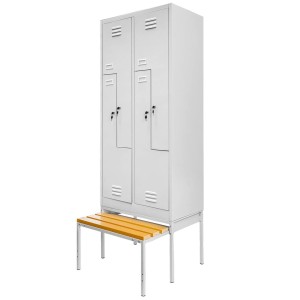 BHP clothing locker J-80/L on base with pull-out bench, 4-door, L-type, grey, W-80 cm, D-80 cm, H-223 cm, flat-pack (self-assembly) N