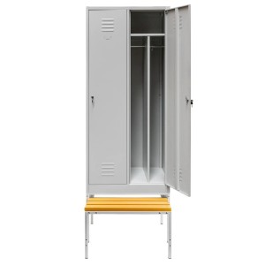 Safety Locker J-80 with Base and Pull-Out Bench, 2-Door with Compartments, Gray, W-80 cm D-80 cm H-223 cm, Knock-Down Assembly, N