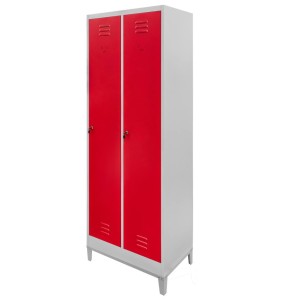 Occupational Safety (HSE) Locker Cabinet J-60 on base with legs, 2-door, grey with red front, W-60 cm D-50 cm H-190 cm, knock-down (assembly required)