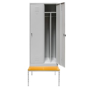 Safety Locker J-80 with Base and Bench, 2-Door with Compartments, Gray, W-80 cm D-80 cm H-223 cm, Knock-Down Assembly, N