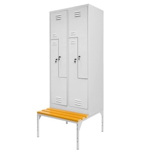 Safety Locker J-80/L with Base and Bench, 4-Door, L-Type, Gray, W-80 cm D-80 cm H-223 cm, Knock-Down Assembly, N
