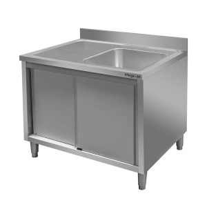 Wall-mounted stainless steel table with a sink on the right side and a cabinet W-100 cm D-70 cm H-85 cm N