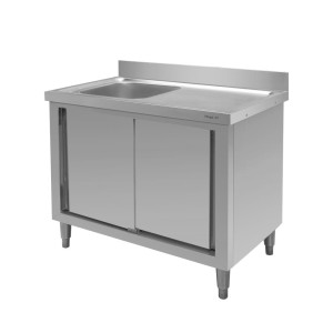 Wall-mounted stainless steel table with sink on the left side and cabinet, W-100 cm D-70 cm H-85 cm N