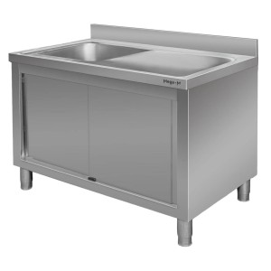 Wall-mounted stainless steel table with sink on the left side and cabinet, W-140 cm D-70 cm H-85 cm N