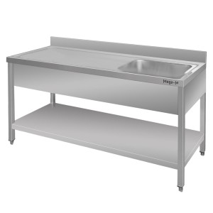 Wall-mounted stainless steel table with sink on the right side and shelf W-160 cm D-70 cm H-85 cm, N