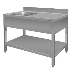 Wall-mounted stainless steel table with sink on the left side and undershelf W-140 cm D-60 cm H-85 cm N