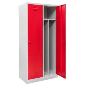 OHS wardrobe locker J-80 with partitions, 2-door, grey body / red front, W-80 cm D-50 cm H-180 cm, knock-down (assembly required), pallet shipping, version N
