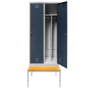 Safety Locker J-80 with Base and Bench, 2-Door with Compartments, Gray Body / Graphite Front, W-80 cm D-80 cm H-223 cm, Knock-Down Assembly, N