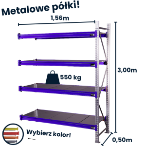 HayRax FleXo storage rack 300 × 150 × 50 cm, 550 kg load capacity, 4 shelves, add-on module