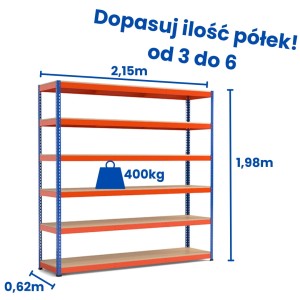 Riveto warehouse shelving unit, 1.98 m (H) x 2.15 m x 0.62 m, 400 kg shelf load capacity, particle board.