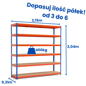Warehouse racking system Riveto 3.00 (H) x 2.15 x 0.32 m, 400 kg shelf load capacity, particle board decking