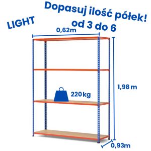 Riveto Light warehouse shelving unit 1.98 (H) x 0.62 x 0.93 m, shelf load capacity 220 kg, particle board shelves