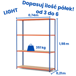 Riveto Light warehouse shelving unit 1.98 (H) x 0.74 x 0.21 m, shelf load capacity 351 kg, particle board shelves